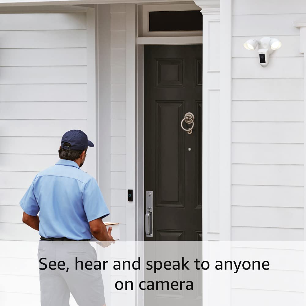 Ring Floodlight Cam Wired Plus, White with Ring Video Doorbell, Satin Nickel
