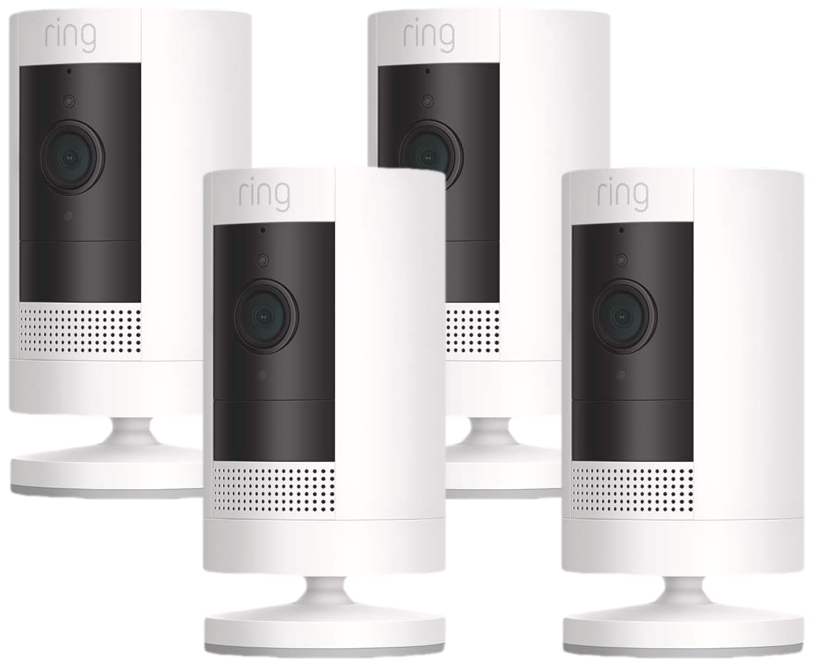 Ring Outdoor Cam (Stick Up Cam) | Weather-Resistant Outdoor Camera, Live View, Color Night Vision, Two-Way Talk, Motion alerts, Works with Alexa | 4-Pack | White