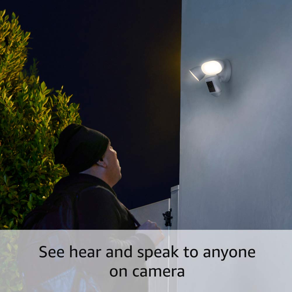 Ring Floodlight Cam Wired Pro, White with Ring Battery Doorbell Plus and All-new Ring Indoor Cam, White