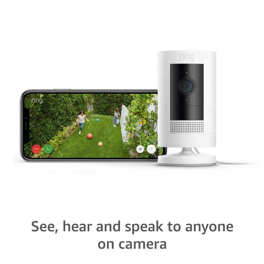 Ring Stick Up Cam Plug-In | Weather-Resistant Outdoor Camera, Live View, Color Night Vision, Two-way Talk, Motion alerts, Works with Alexa | White