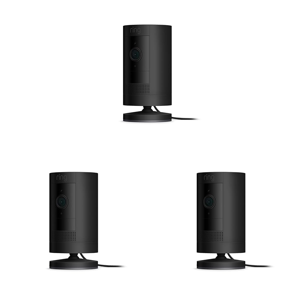 Like-New Ring Stick Up Cam Plug-In HD security camera with two-way talk, Works with Alexa - Black (Pack of 3)