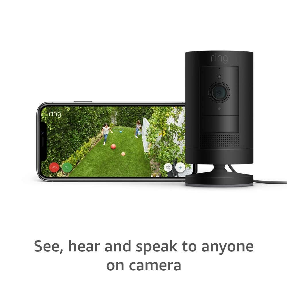 Like-New Ring Stick Up Cam Plug-In HD security camera with two-way talk, Works with Alexa - Black (Pack of 3)
