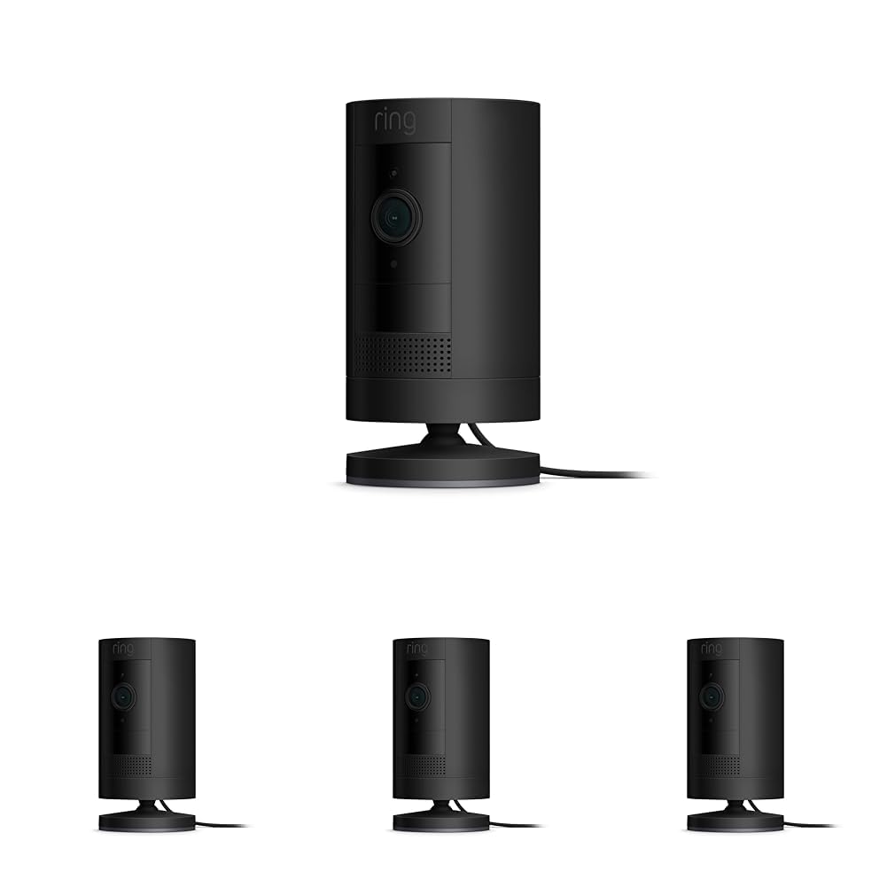 Like-New Ring Stick Up Cam Plug-In HD security camera with two-way talk, Works with Alexa - Black (Pack of 4)